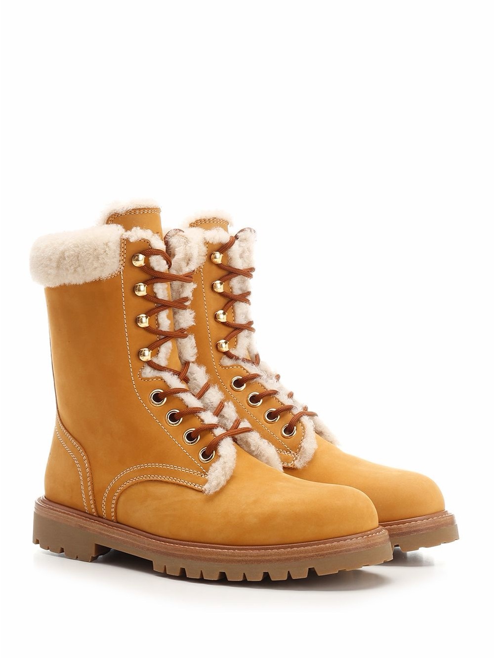 Celine Tan Shearling-Trim Lace-Up Winter Boots